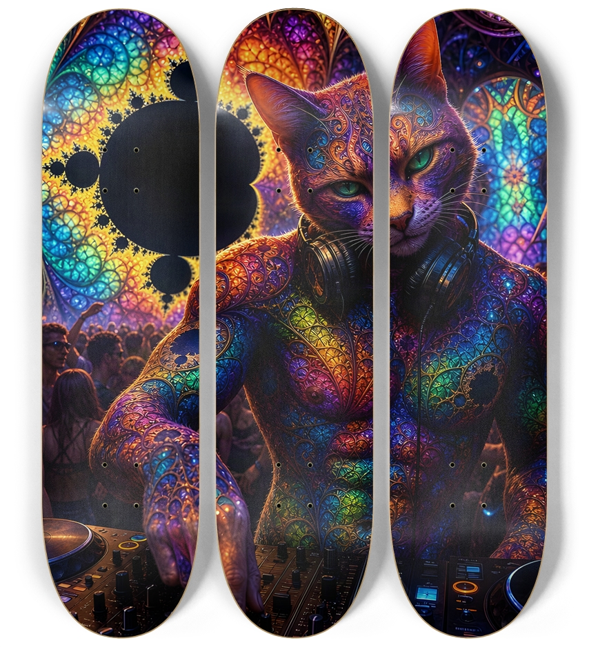 Psychedelic Fractal DJ House Cat #26 3 Deck Wall Series