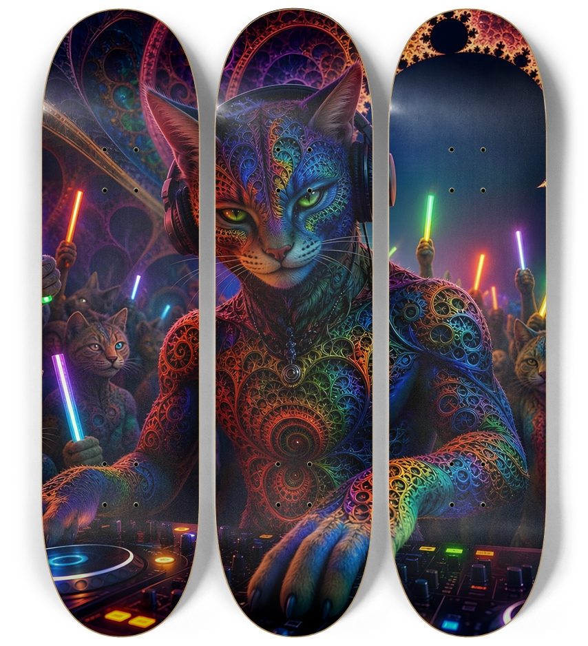 Psychedelic Fractal DJ House Cat #12 3 Deck Wall Series