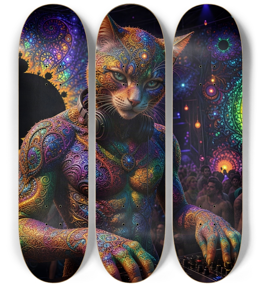 Psychedelic Fractal DJ House Cat #11 3 Deck Wall Series