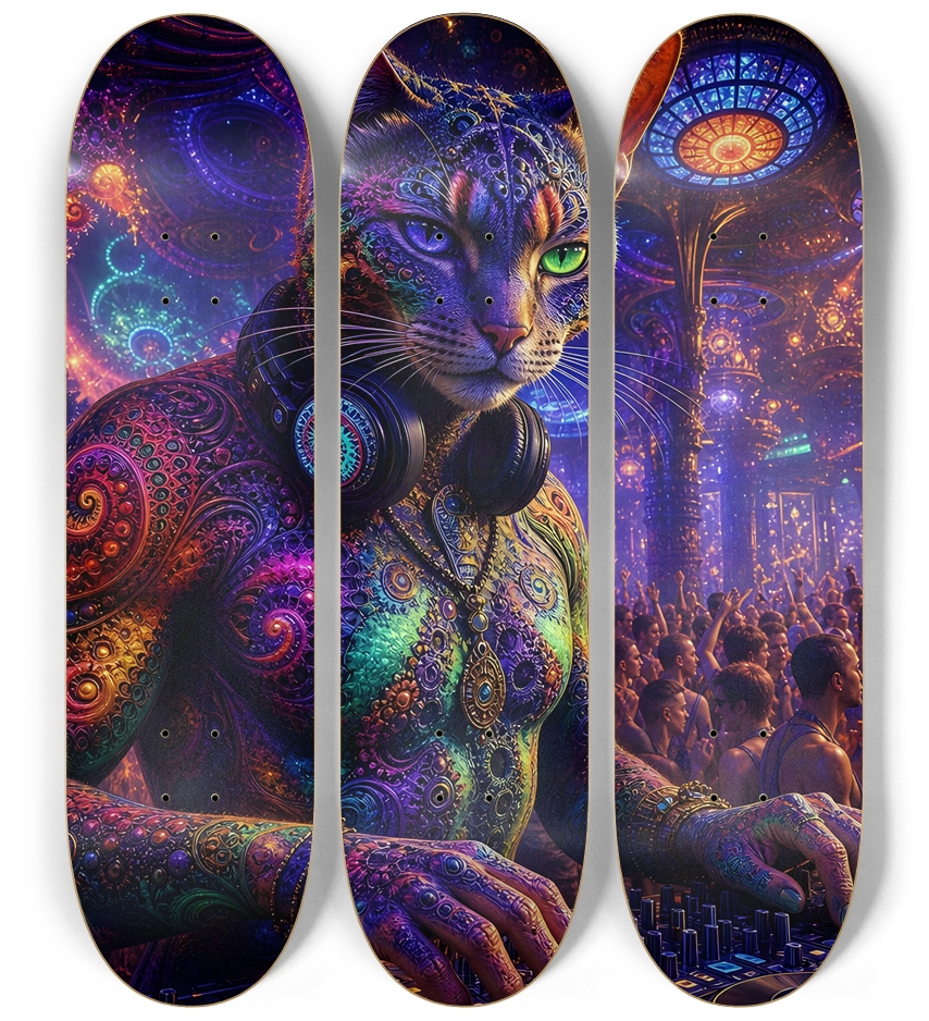 Psychedelic Fractal DJ House Cat #29 3 Deck Wall Series