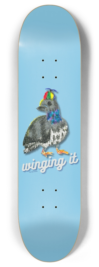 Winging It Pigeon Pinwheel Hat Blue Skateboard 8 Inch Skateboard Deck