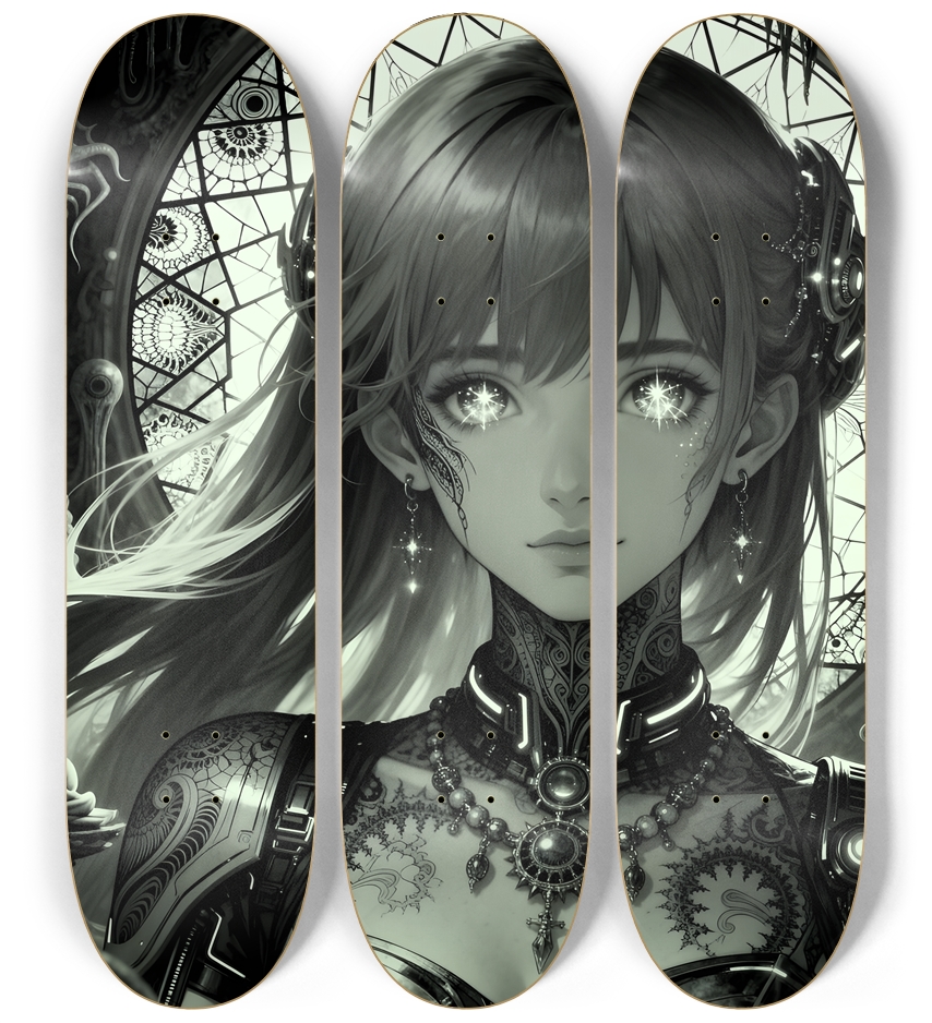 B&W Fractal Anime Girl #57 3 Deck Wall Series