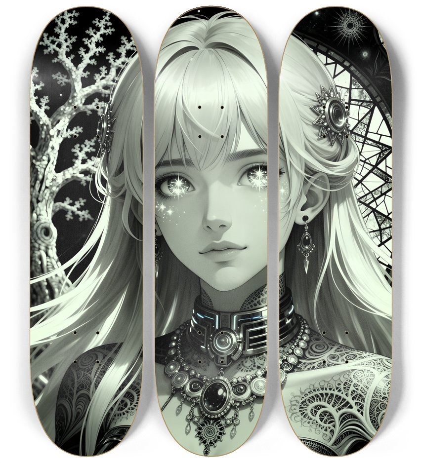B&W Fractal Anime Girl #51 3 Deck Wall Series